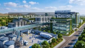 A sweeping panoramic view of a large-scale, modern pharmaceutical facility specializing in Silodosin API manufacturing in India, featuring advanced clean room buildings, storage silos, a delivery truck, and rolling hills under a sunny sky.