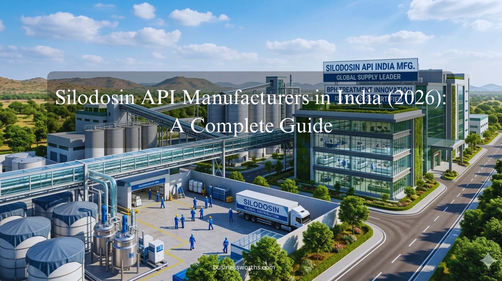 A sweeping panoramic view of a large-scale, modern pharmaceutical facility specializing in Silodosin API manufacturing in India, featuring advanced clean room buildings, storage silos, a delivery truck, and rolling hills under a sunny sky.